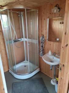 a bathroom with a shower, sink, and tub at Rjúpnavellir in Rjúpnavellir