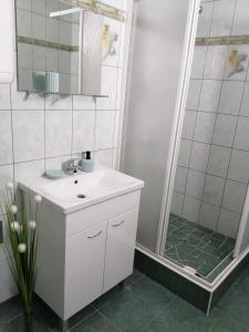 a bathroom with a white sink and a shower at Holiday house Lara in Starigrad-Paklenica