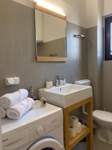 a bathroom with a sink and a toilet and a mirror at Guest house Kamelija in Budva +47 photos