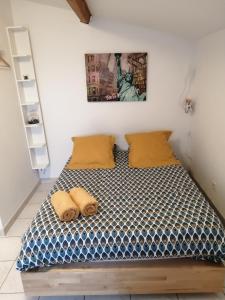 een bed in een kamer met twee kussens erop bij studio refait a neuf avec la fibre in Vaugneray