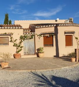 ein Haus mit Topfpflanzen davor in der Unterkunft Premium Bed & Breakfast Casa Alegría Andaluza in Los Romanes