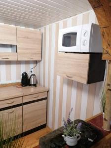 a small kitchen with a microwave on the wall at Domek w Sławie przy jeziorze na Galerach in Sława