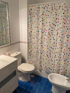 a bathroom with a toilet and a shower curtain at Apartamento con encanto in Almagro