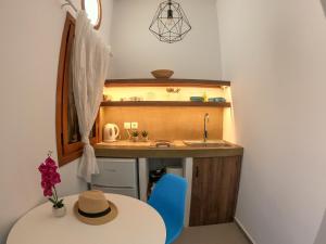 uma pequena cozinha com uma mesa e um lavatório em Joanna's Home em Meyisti