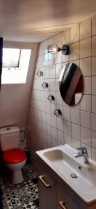 a bathroom with a toilet and a sink and a mirror at Le bas-sablons in Saint Malo +3 photos