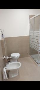 W łazience znajduje się toaleta i przeszklony prysznic. w obiekcie Li Tisi w mieście Supersano