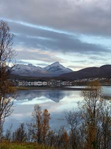 a view of a lake with mountains in the background at Håkøya Lodge in Tromsø