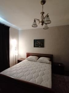ウラジカフカスにあるКвартира однокомнатная по улице Ломоносова дом 13のベッドルーム(白いベッド1台、シャンデリア付)
