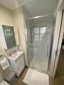 een badkamer met een douche en een wastafel bij Hideaway on Hume #3 in Boonah
