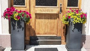 dos jarrones con flores delante de una puerta de madera en Haus Ländle, en Ischgl
