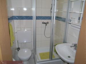 Un baño con ducha, inodoro y lavabo. en Pension Paetau, en Schönberg 23 fotos más
