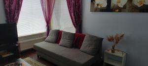 a living room with a couch in front of two windows at Pulmustie 19as2 Huoneisto in Ylivieska