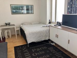 a bedroom with a bed and a flat screen tv at Töölönkatu Sweet Studio in Helsinki