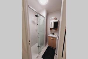 a bathroom with a shower and a television at Saint Raphaël, bel appartement en centre ville ! in Saint-Raphaël +16 photos