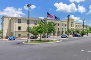 林奇堡的住宿－Comfort Inn & Suites Lynchburg Airport - University Area，前面有两面旗帜的大建筑