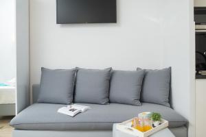 Lux VIP Apartments في بيريا: أريكة رمادية في غرفة المعيشة مع تلفزيون