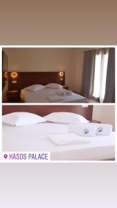 two pictures of a hotel room with two beds at Kasos Palace in Frý