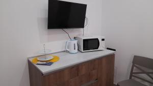 kuchenka mikrofalowa na blacie z telewizorem w obiekcie Ortigia spartan house 3 w Syrakuzach
