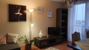 a living room with a floor lamp and a table at Apartament Anielki in Malbork