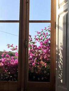 ein Fenster mit Blick auf einen Busch mit rosa Blumen in der Unterkunft Casa Grande Portugal in Burgau