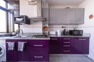 kuchnia z fioletowymi szafkami i zlewem w obiekcie EVE Rooms ,estacion w Alicante