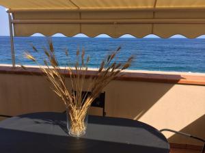 a vase with grass on a table in front of the ocean at Casa Vacanze Samira in Fondachello