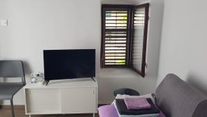 a living room with a couch and a tv at Stone house apartment in Zlarin centre in Zlarin