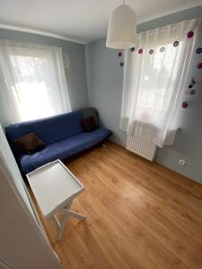 een woonkamer met een blauwe bank en een raam bij Siedlisko Glinnik in Glinnik