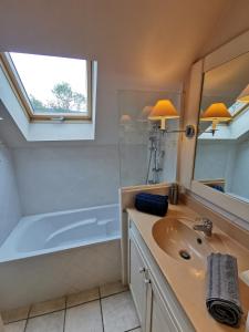 Un baño con bañera, lavabo y espejo. en Lac Annecy plage privée, Duplex Baie des voiles, en Duingt