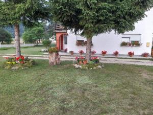 una casa con dos árboles y flores en un patio en Rooms Danica, en Donji Babin Potok