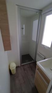 a bathroom with a shower and a sink and a mirror at MOBIL HOME camping **** Canet en Roussillon in Canet-en-Roussillon