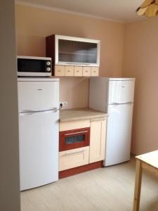 a kitchen with a white refrigerator and a microwave at Willa Na Skraju Puszczy in Zaścianki