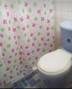 a bathroom with a toilet with pink flowers on the wall at apartaestudio independiente en Manga, Cartagena in Cartagena de Indias