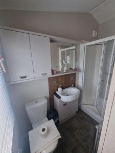 a bathroom with a toilet and a sink and a shower at Modern Sea View Holiday Home Isle of Wight in Porchfield