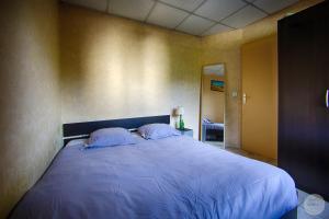 a bedroom with a bed with blue sheets and a mirror at Annecy/Cran Gevrier : grand T2 in Annecy