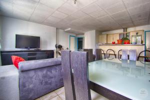 a living room with a dining table and a television at Annecy/Cran Gevrier : grand T2 in Annecy