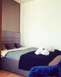 克盧日納波卡的住宿－Blue Record Vibe，一间卧室配有带毛巾的床