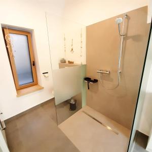 ein Bad mit einer Dusche und einer Glastür in der Unterkunft Ferienstube Sonnengruß in Mörbisch am See