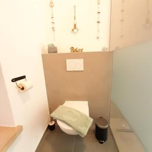 ein kleines Bad mit WC in einer Kabine in der Unterkunft Ferienstube Sonnengruß in Mörbisch am See