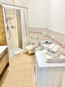 a bathroom with a shower and a toilet and a sink at LE PALME Loft Apartment in Fossano