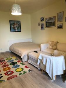 - une chambre avec un lit, un canapé et un tapis dans l'établissement Le Garçon de Sara-Simple,Cosy,Spatious Studio, à Bucarest