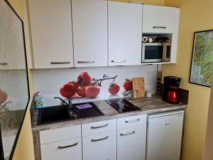 a kitchen with white cabinets and a sink at Bergstation Altenau in Altenau