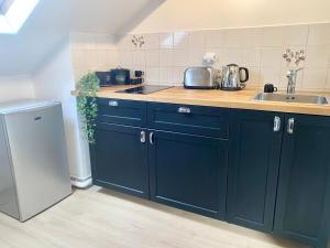 エペルネーにあるAU PETIT BONHEURのキッチン(青いキャビネット、シンク、冷蔵庫付) +5枚の写真