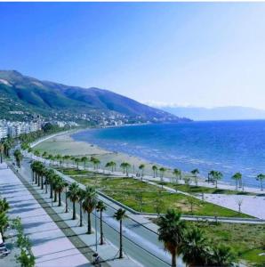 een uitzicht op een strand met palmbomen en de oceaan bij Grazioso Monolocale arredato a due passi dal lungomare vlore in Vlorë