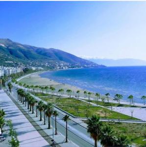 a view of a beach with palm trees and the ocean at Appartamento lungomare Bianca in Vlorë