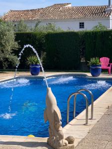 a dog fountain in front of a swimming pool at Cortijo Bustamante in Baza