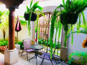 een patio met een tafel, stoelen en planten bij Hotel Luna Maya Antigua in Antigua Guatemala