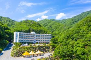 une vue aérienne sur un hôtel avec des montagnes en arrière-plan dans l'établissement Gurye Junsung Resort, à Gurye