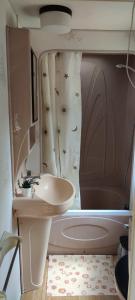 mała łazienka z umywalką i prysznicem w obiekcie Namelių nuoma Giruliuose w Kłajpedzie