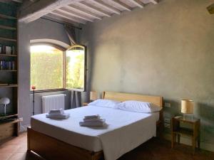 a bedroom with a large bed with a window at Poggiosole in Tavarnelle Val di Pesa